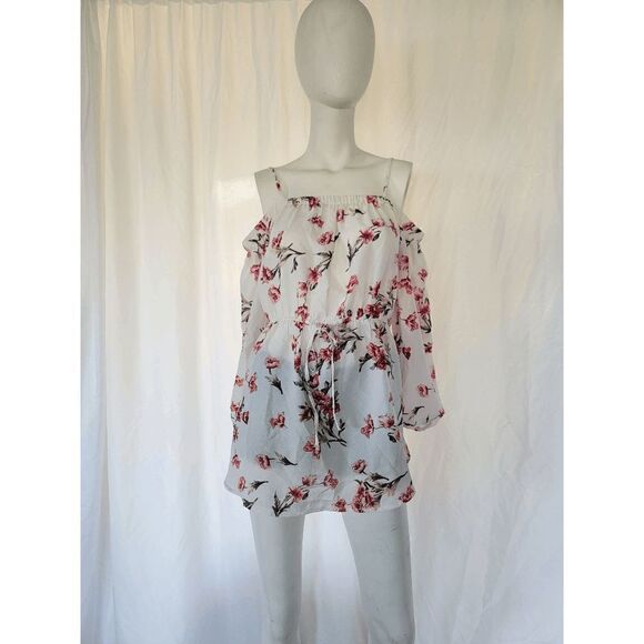 Blush womens white floral cold shoulder tunic blouse size L - Picture 2 of 7